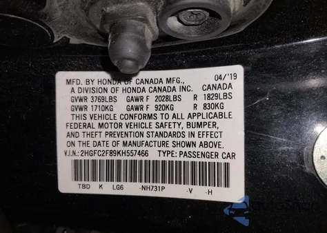 2019 Honda Civic Sport from USA, damaged, VIN 2HGFC2F89KH557466